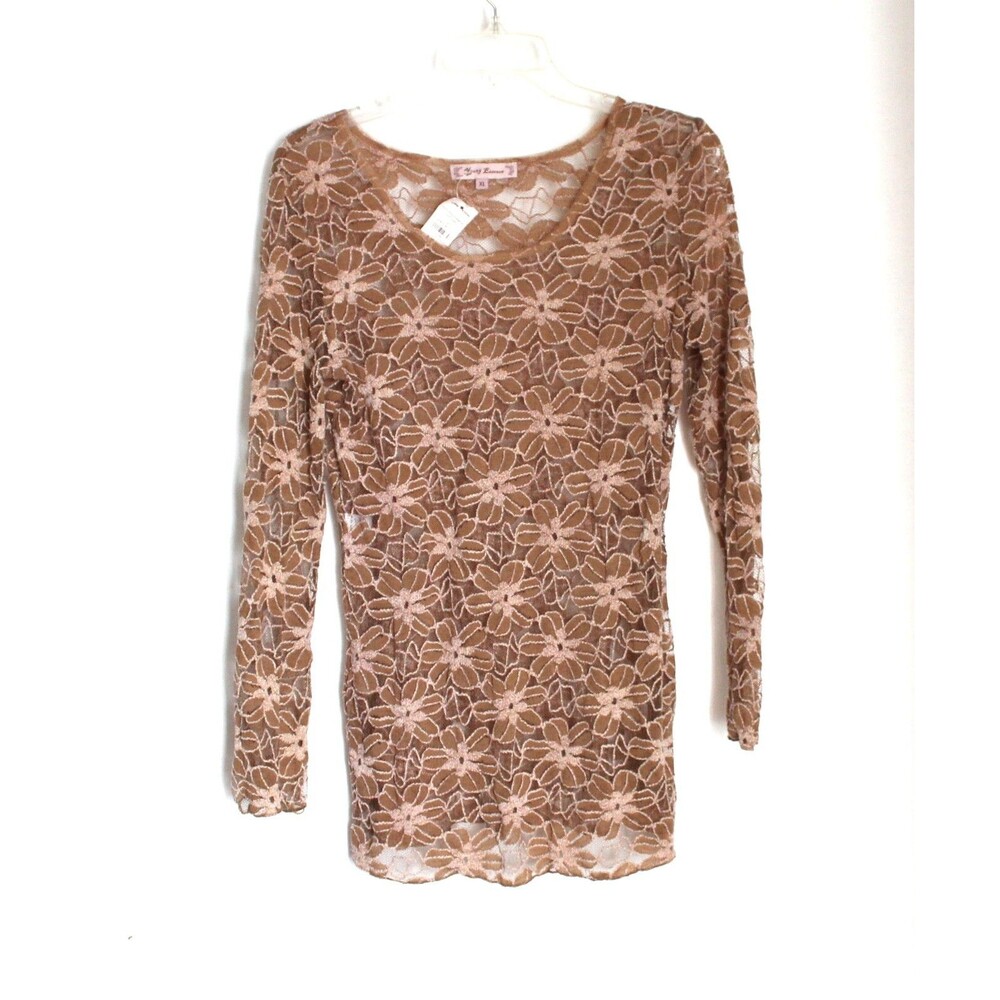 Young Essence Tunic Top Blouse Semi Sheer Khaki Floral Size XL NWT